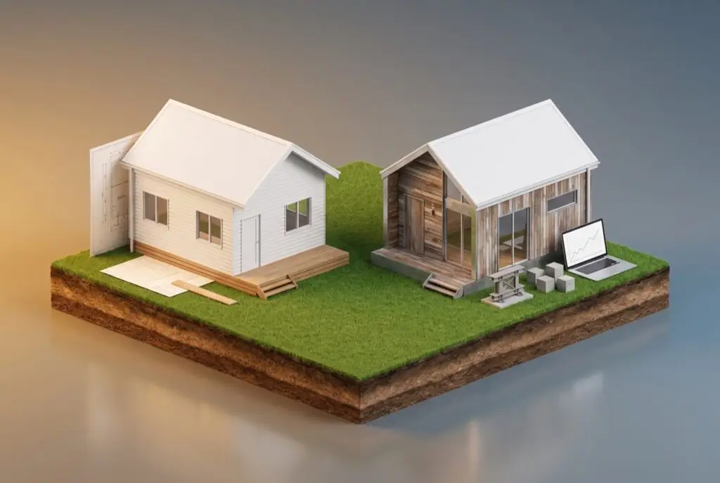 Two small houses of the same height side by side on one plinth, one built from standard components with plans, the other with a custom facade beside test samples and a laptop graph.
