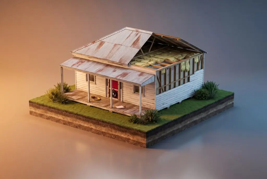 Isometric scale model of an older weatherboard cottage cut away to show ceiling insulation and wall framing, with a blower door fan in the front doorway.