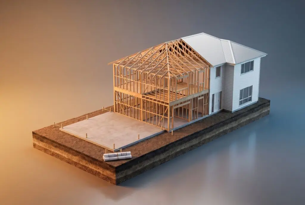 Isometric scale model of a two storey house shown in stages from bare slab to timber frame to finished cladding and roof, with a rolled set of drawings at the front.