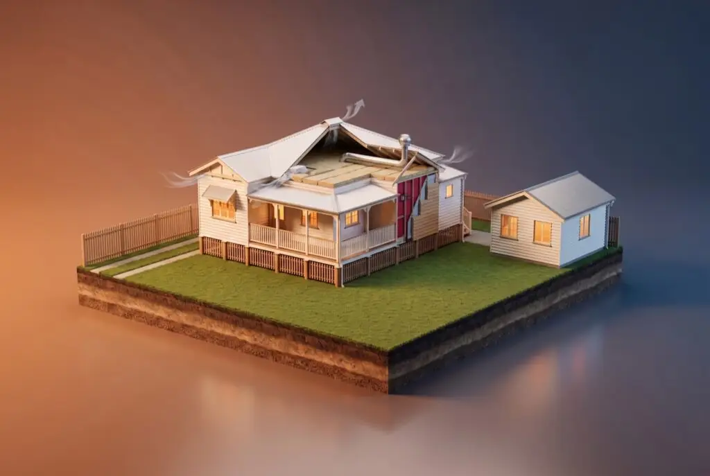 Scale model of a house cut away to show a ventilated wall cavity, wall wrap, insulation and a vented roof space with a bathroom exhaust duct running outside.