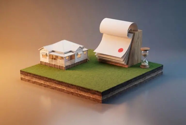 3D model of a house on a slab of lawn beside a large flip calendar and an hourglass