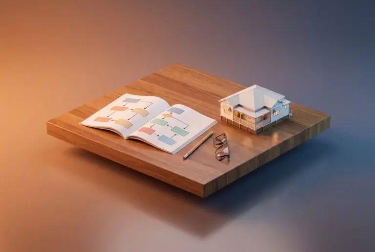 3D model of an open CPD guide booklet with a flowchart, a pencil and a small house model on a timber slab