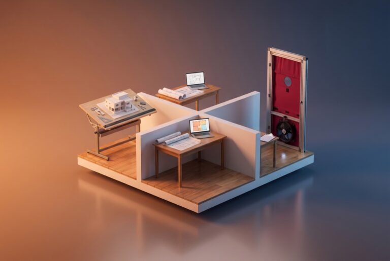 3D model of three small workspaces for an architect, a building designer and an energy assessor with a blower door