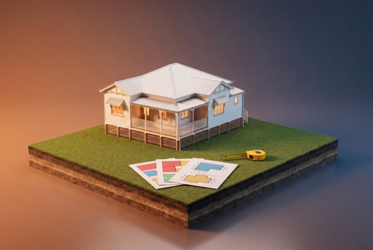 3D model of a Queenslander house on a slab of lawn with three guide pages and a tape measure in front